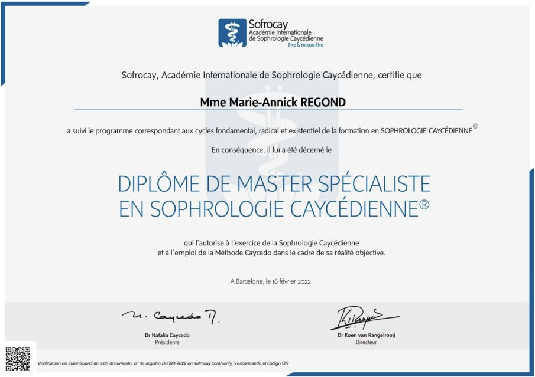 Diplôme de Master Spécialiste en Sophrologie Caycédienne